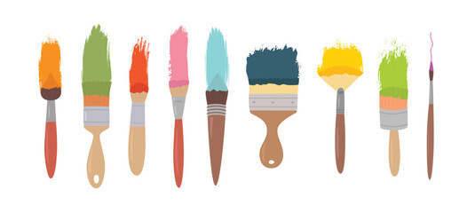 Coloured brush strokes with brushes, art materials