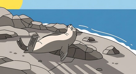 Sea Lion Sunbathing Rocky Coast.