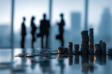 Silhouetted business people in office with stacks of coins and currency symbolizing financial growth