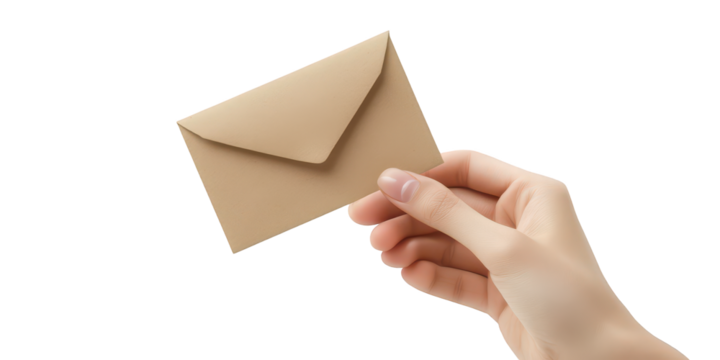 Hand Holding a Small Kraft Paper Envelope Keywords: hand, holding, envelope isolated on a transparent background