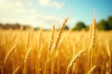 Fototapeta premium Golden wheat stalks sway gently in a summer field, bathed in warm sunlight A classic image of agricultural abundance and the beauty of nature's bounty , gold, yellow, cereal