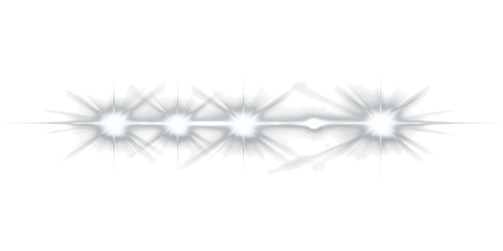 Horizontal Row of Four Bright White Starburst Lens Flares on Black white light isolated on a transparent background