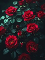 Deep red roses in dark moody lighting