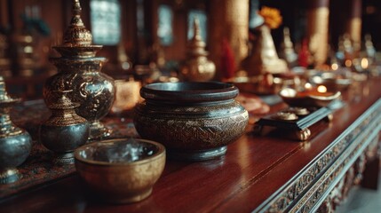 Fototapeta premium Ornate golden vessels and decorative objects on an altar table background