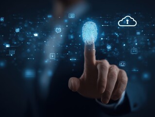Using fingerprint scanning, the businessman accesses and unlocks the cloud data network. Cyber security and biometric identification protect business transactions from online cyber attacks