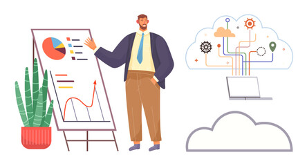 Professional presenting data on a flip chart with graphs and charts, adjacent to cloud computing and data flow icon. Ideal for business, analytics, cloud solutions, data management, innovation