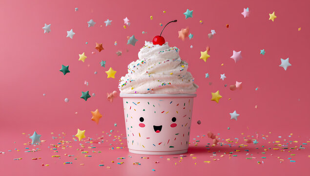 Whimsical milkshake with a smiling face and colorful confetti against a vibrant pink background - Powered by Adobe