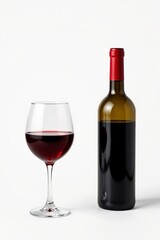 Elegant Red Wine Glass with Bottle White Background