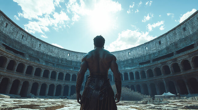 Ancient roman gladiator entering the colosseum before battle 