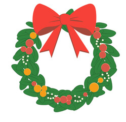 Green wreath with gold bells and red bow.