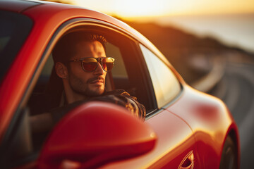 handsome confident man driving a red luxury sportscar on a coastal road, sunglasses, elegant casual outfit, golden hour lighting