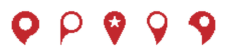 Obraz premium Red Map Pin Pixel Art Icon Set. Location Marker, Navigation, And Geolocation Symbol Collection. Digital Mapping And Gps Interface Design. Isolated Vector Illustration