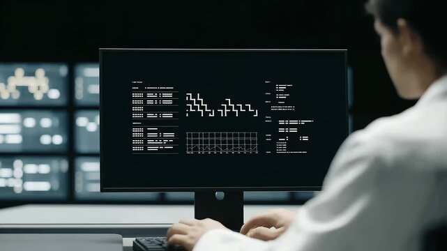 A technician tests gene editing efficiency in a sequencing facility with sequencers humming data streams plotting sample racks organized and technicians analyzing shown in a