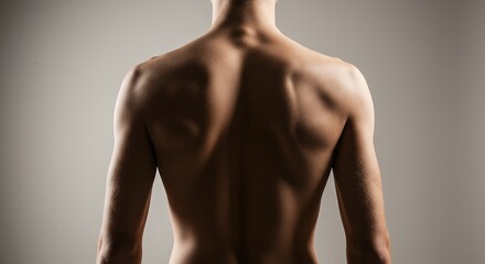 Fototapeta premium Human back view showcasing anatomy details and muscular structure against a neutral backdrop for medical or fitness themes