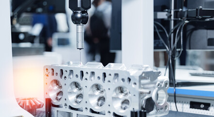 Cnc coordinate measuring machine analyzing engine truck block accuracy in manufacturing