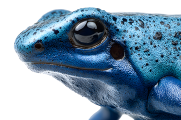 Macro close-up of vibrant blue poison dart frog isolated on transparent background