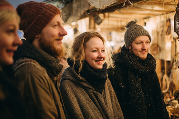 group of friends at a Christmas market, standing near a stall with handmade crafts, natural candid expressions