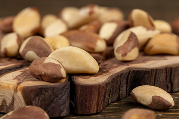 shelled nuts with lots of vitamins and minerals, peeled nuts scattered on the table ready for meals