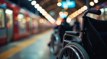 Obraz premium 2 wheelchairs stand near trains in the evening