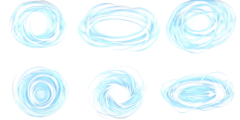 Set of Six Swirling Blue Light Orbs and Energy Effects on Black glow isolated on a transparent background
