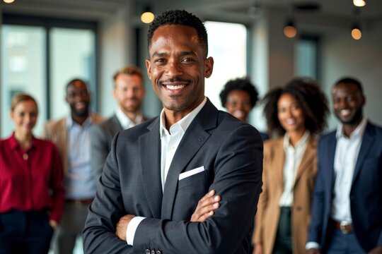 Confident African American CEO Leading Diverse Global Innovation Team with Exemplary Leadership and Teamwork in Corporate Setting.