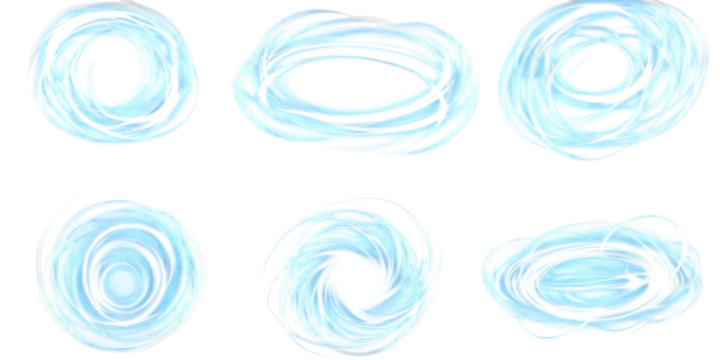 Set of Six Swirling Blue Light Orbs and Energy Effects on Black glow isolated on a transparent background