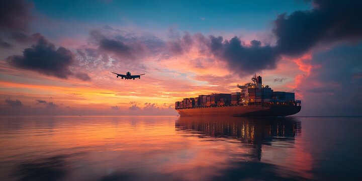 large container ship sailing on calm waters with airplane flying above against colorful sunset sky. scene captures essence of transportation and trade.