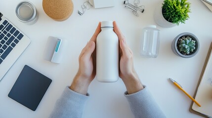 Person holding white bottle on desk with office supplies and plants