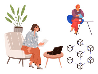 Two colleagues interact remotely one seated with a laptop and paper, another presenting, surrounded by floating blockchain cubes. Ideal for teamwork, remote work, innovation, blockchain