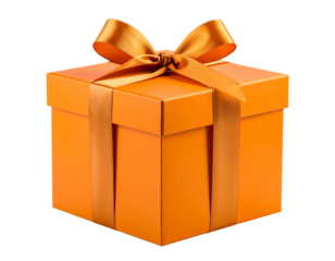 Elegant Orange Gift Box with Satin Ribbon Bow, Front-Facing Presentation, isolated on transparent background