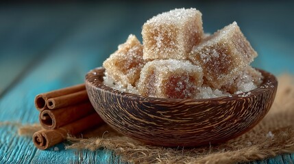 Sweet Sugar Candies in Wooden Bowl with Cinnamon Sticks