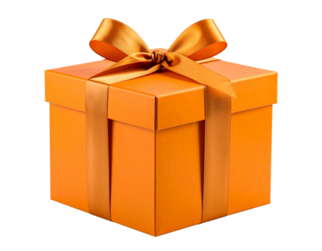 Elegant Orange Gift Box with Satin Ribbon Bow, Front-Facing Presentation, isolated on transparent background
