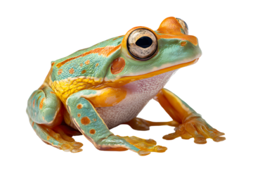 Vibrant macro of colorful tropical tree frog with green orange and yellow skin isolated on transparent background