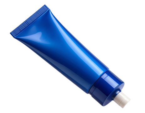 Tilted Blue Skincare Tube with Open Cap and Product Residue, Diagonal View, isolated PNG