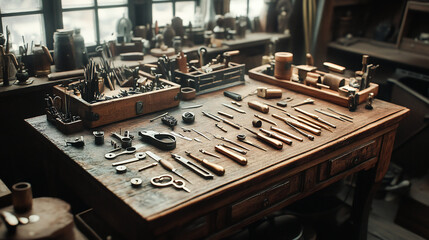Assorted goldsmith tools on a rustic wooden workbench