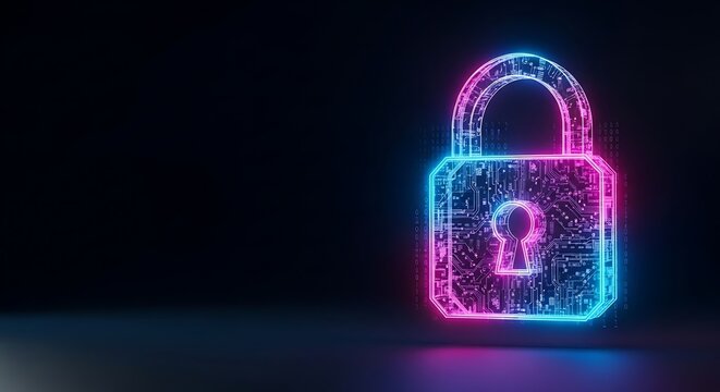 Secure your digital world with this glowing neon circuit board padlock, representing modern data protection and cybersecurity.