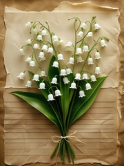 Delicate lily of the valley flowers tied with twine on vintage paper