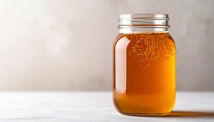 Golden honey jar with sparkling bubbles, perfect for natural food and wellness branding