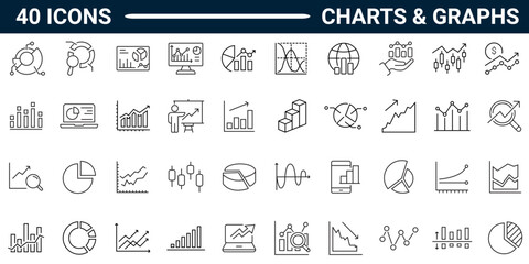 Chart and graph line icon set. Includes data, increase, growth, pie chart, data analytics, report. Editable stroke. Vector illustration