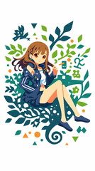 Fototapeta premium 物思いにふける女の子、イラスト、パッチワーク