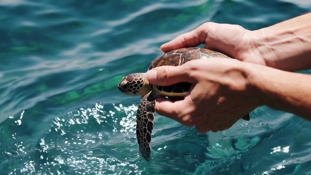 Environmental conservation efforts involve releasing a baby sea turtle back into its natural habitat, promoting marine life preservation and ecological balance