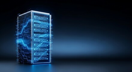 Dynamic digital server glowing with vibrant blue data streams and circuits