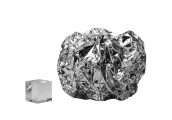 Sculptural silver metallic foil object with intricate folds next to a clear acrylic cube, on a seamless transparent background in a professional studio, minimalist abstract material contrast concept