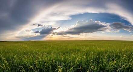 Sunset over grassy field with dramatic sky.