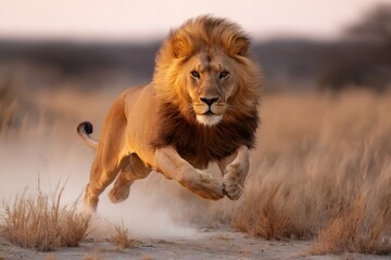 Obraz premium Male lion running in the african savanna at sunset