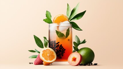 Flat lay of a glass of iced tea with various fruits and leaves scattered around it. the glass is filled with a pinkish-orange liquid and has a slice of orange on top.