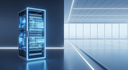 Futuristic data server glowing blue in modern digital office with panoramic city view
