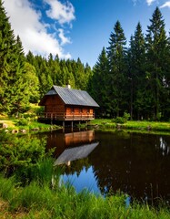 Obraz premium Wooden cabin by a pond in a forest