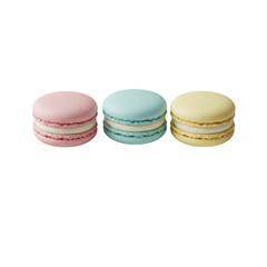Three perfect pastel macarons (pale pink, light blue, soft yellow) on a matte white plate with scattered powdered sugar, isolated on a transparent studio background, high-end dessert concept
