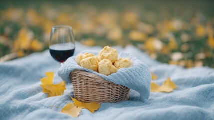 Cozy autumn picnic scene with golden scones and sanguine wine, celebrating Mabon harvest, Hygge vibes, and leaf-strewn tranquility